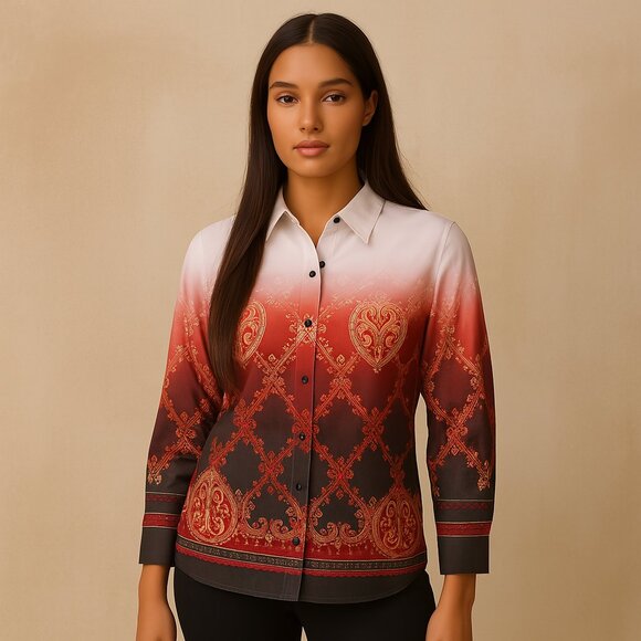 Alia Boho Tunic Shirt Geometric Print Button Up Long Sleeves Red Black Size 10 - Picture 1 of 12